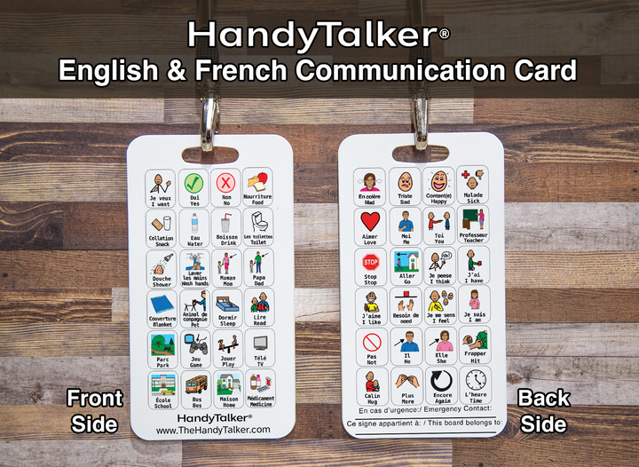 HandyTalker® Dual language English and French - Kids AAC card, Waterproof picture communication board, Austism, Apraxia