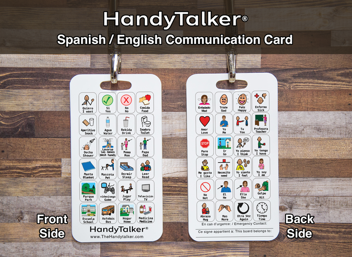 HandyTalker® English & Spanish, Dual language, Kids AAC card, Waterproof picture communication board, Autism, Apraxia