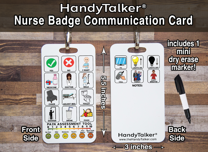 HandyTalker®  Nurse's badge reel picture communication card with mini dry erase marker, AAC Portable Device, Waterproof Picture communication board.